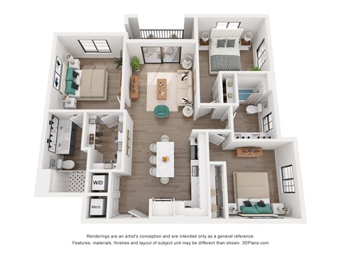 a 1 bedroom floorplan is shown in this rendering